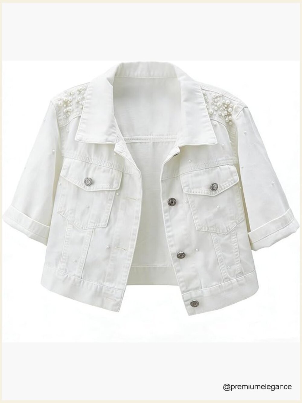 Cropped Denim Jacket 3/4 Sleeve Rhinestones Trucker Coat